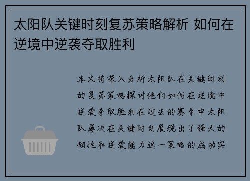 太阳队关键时刻复苏策略解析 如何在逆境中逆袭夺取胜利