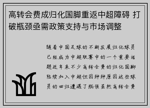 高转会费成归化国脚重返中超障碍 打破瓶颈亟需政策支持与市场调整 高转会费成归化国脚重返中超障碍 打破瓶颈亟需政策支持与市场调整
