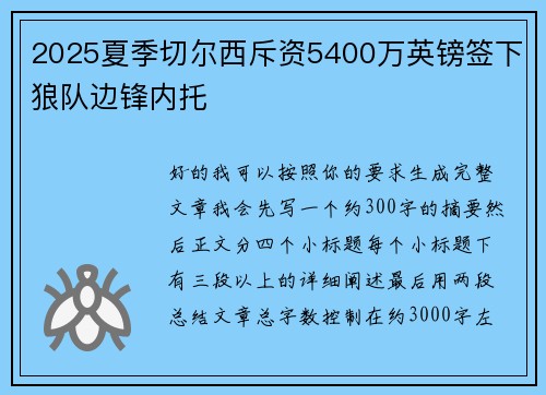 2025夏季切尔西斥资5400万英镑签下狼队边锋内托
