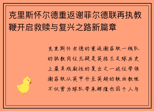 克里斯怀尔德重返谢菲尔德联再执教鞭开启救赎与复兴之路新篇章